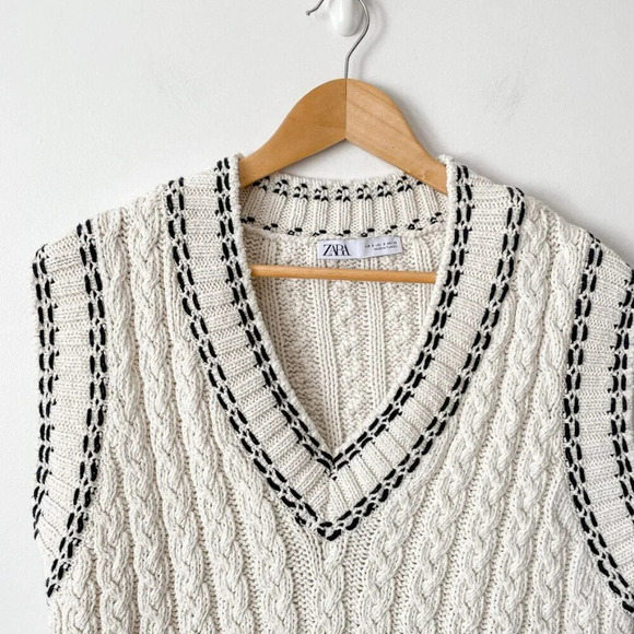 Zara Cable Knit Whip Stitch Sweater Vest Ecru Black Size Small - Picture 10 of 12